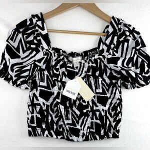 NWT Monteau Black White Geometrical Linen Blend Puff Sleeve Crop Top Medium